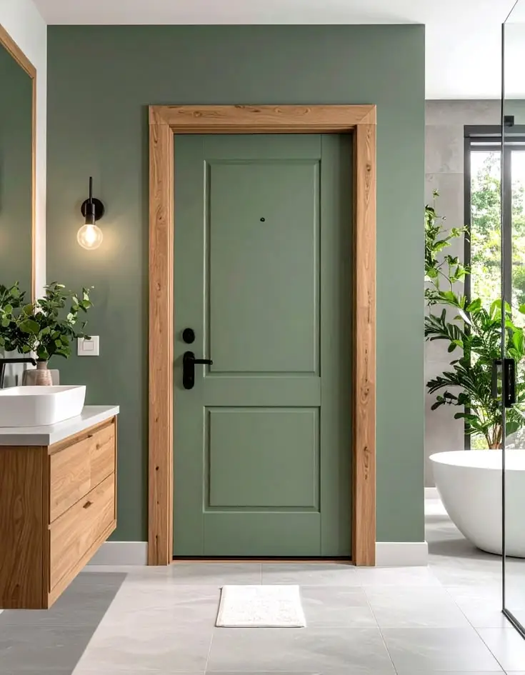 Kusen Kayu Natural dan Pintu Hijau Pastel